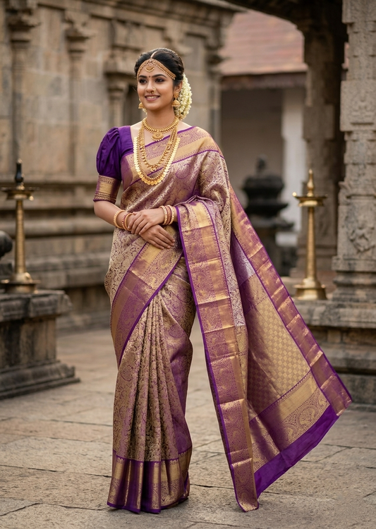Southloom Premium Handloom Bridal Kanchipuram Silk Saree with Korvai Work (Beige & Violet)