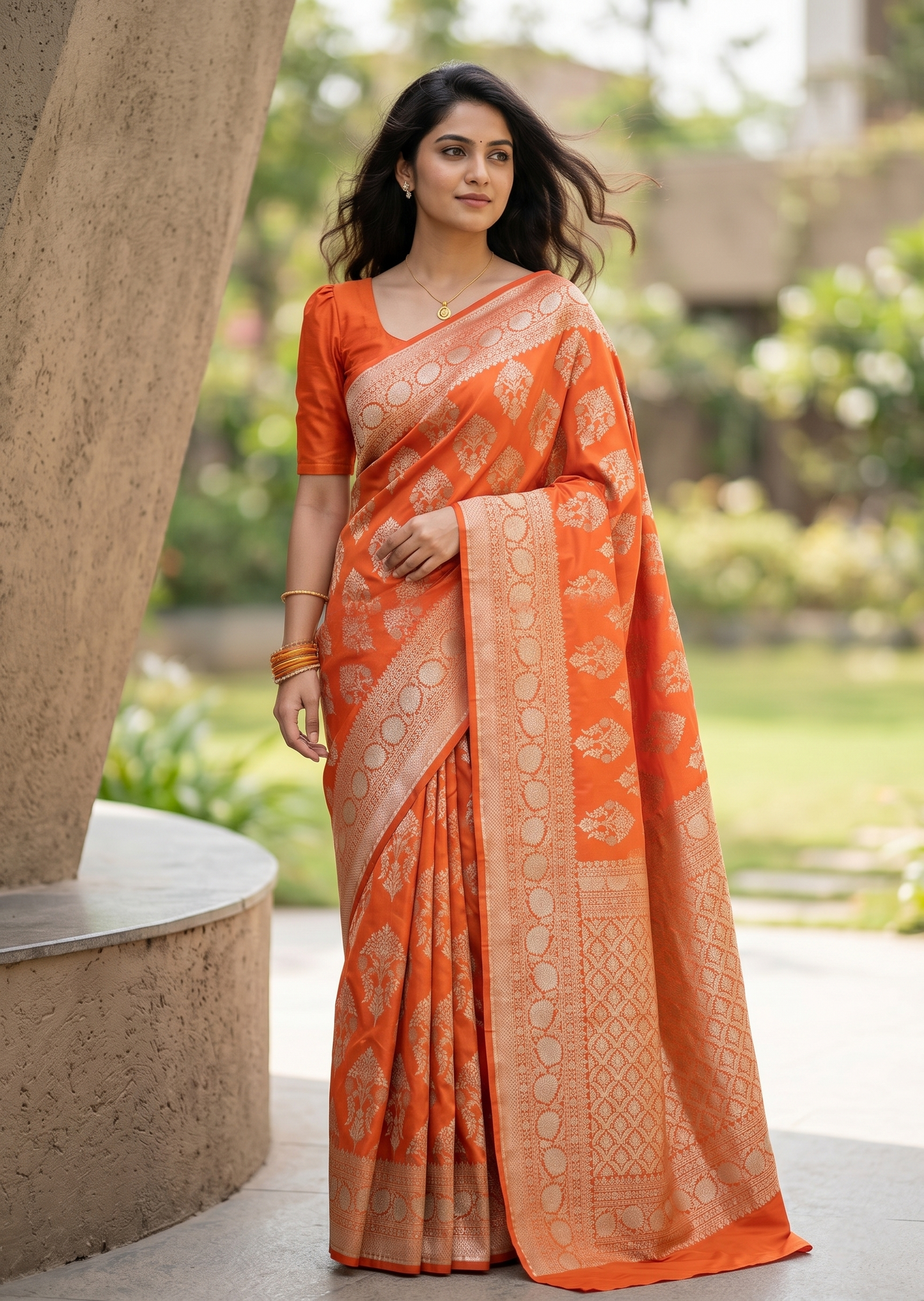 Southloom Pure Banarasi Silk Saree with Woven Work on Body and Borders (Orange)