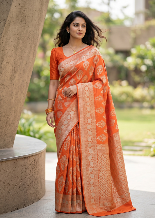 Southloom Pure Banarasi Silk Saree with Woven Work on Body and Borders (Orange)