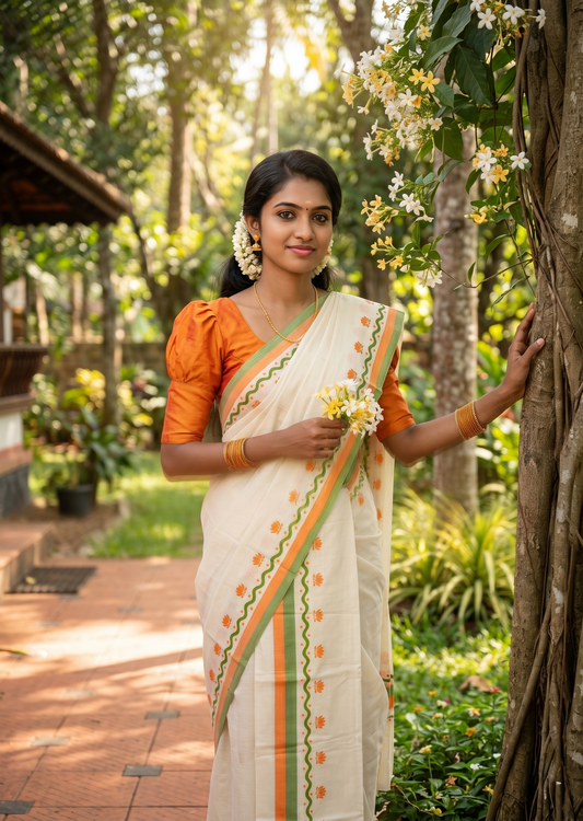Southloom Pure Cotton Kerala Single Mulloth Set Mundu With Lotus Digital Print in Orange (Mundum Neriyathum) in 2.75 Mtrs SL371