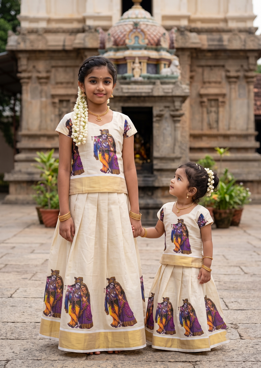 Southloom Kerala Tissue Kasavu Krishna Radha Digital Printed Pavada & Blouse with for Kids SL604