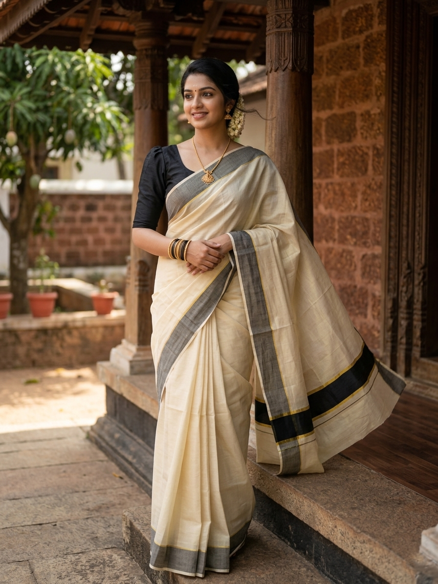 Southloom Kerala Tissue Kasavu Saree in Black