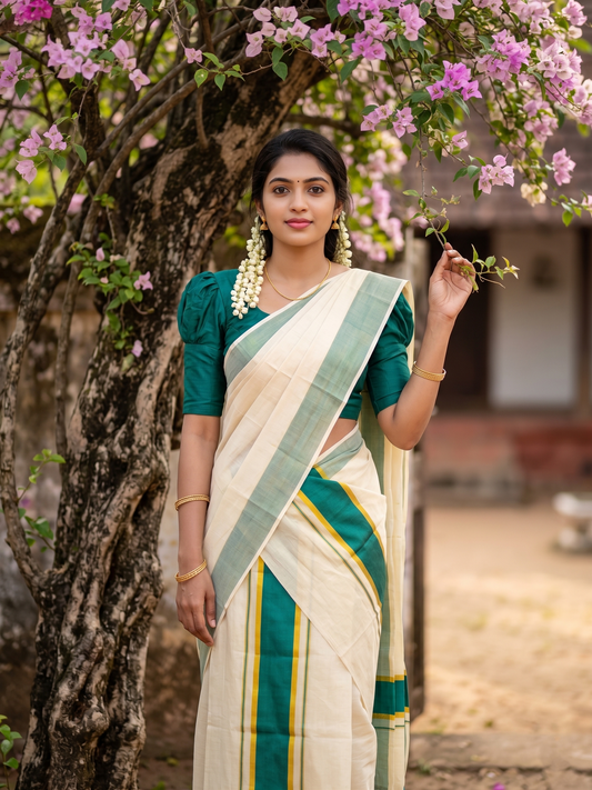 Southloom Kerala Tissue Kasavu Set Mundu (Mundum Neriyathum) with Peacock Green Border Tassels on Pallu in 2.80 Mtrs SL381