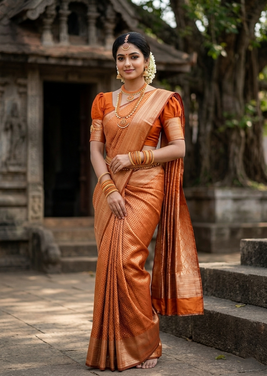 Southloom Premium Semi Silk Zari Work Bridal Brocade Saree in Orange with Matching Pallu