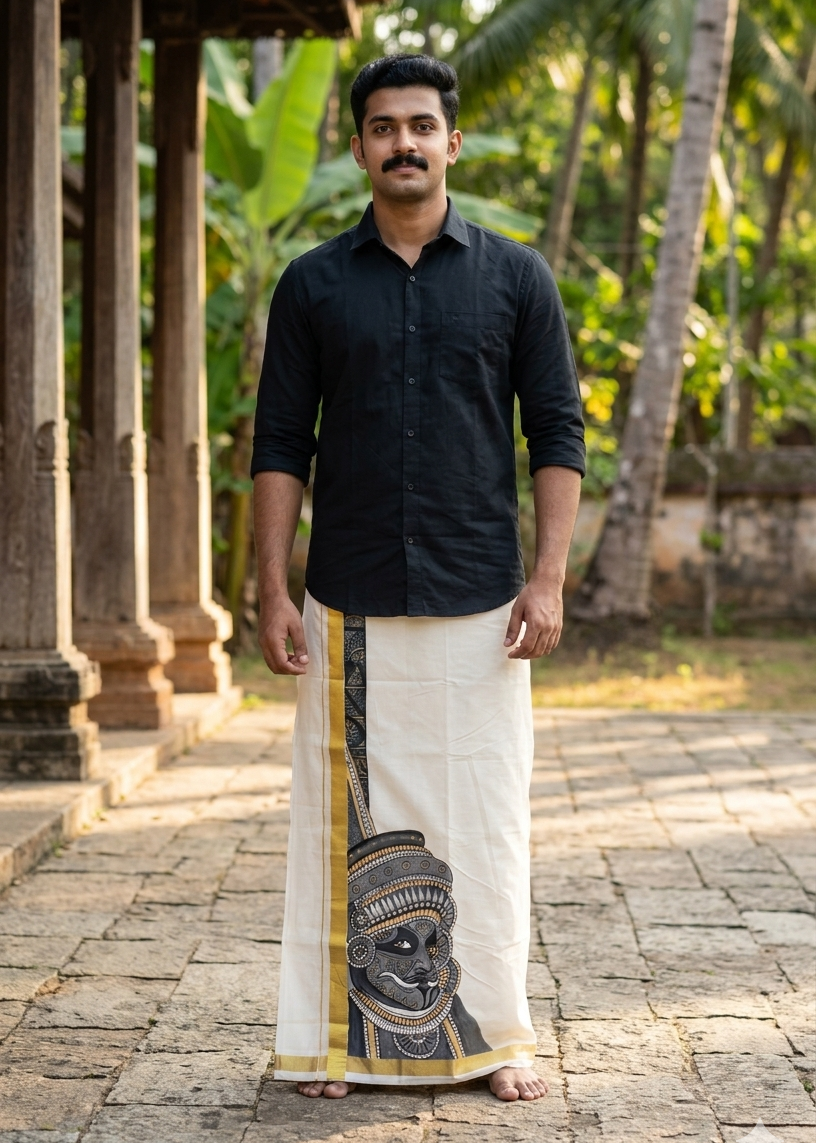 Kerala Cotton Handpainted Dhoti ( Double Mundu )  SL330