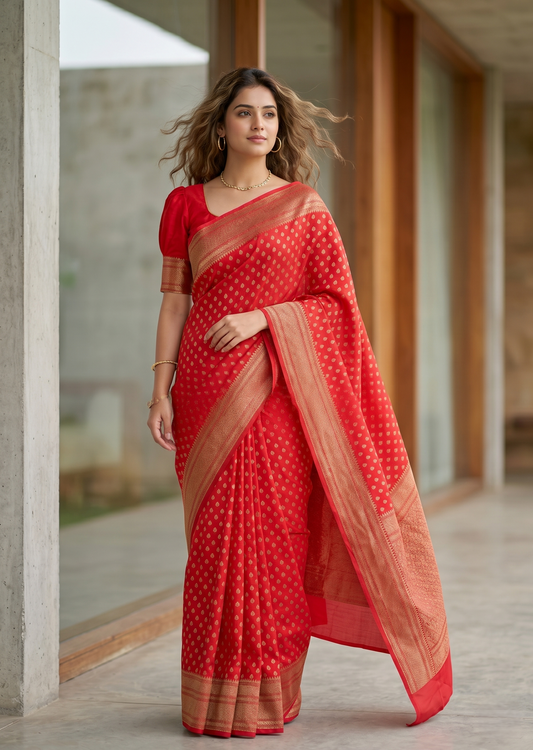 Southloom Munga Silk Saree with Woven Work on Body and Borders (Red)