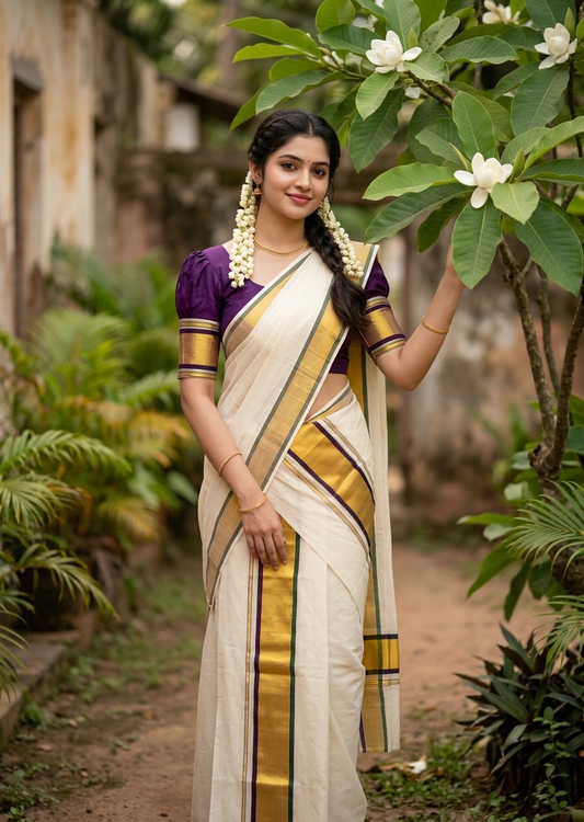 Southloom Premium Handloom Set Mundu with Purple & Olive Green Border and Kasavu Lines Across Body 2.80 Mtrs SL632
