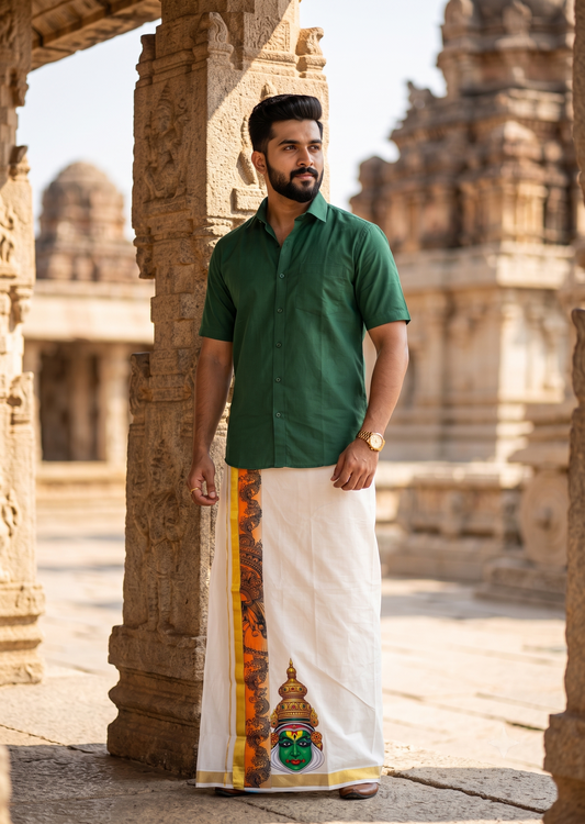 Southloom Pure Cotton Kadhakali Digital Printed Double Mundu (South Indian Kerala Dhoti)