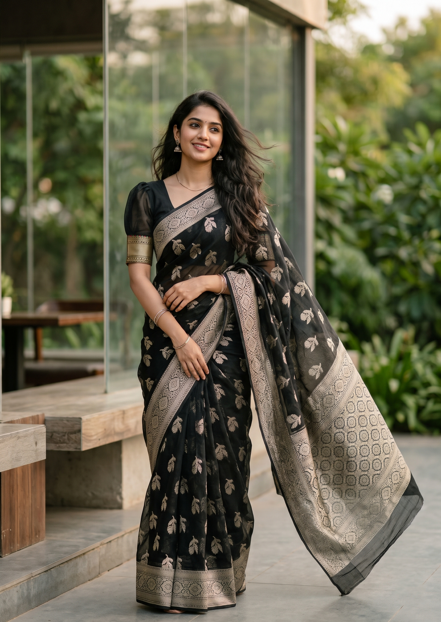 Southloom Cotton Banarasi Silk Saree with Woven Work on Body and Borders (Black)