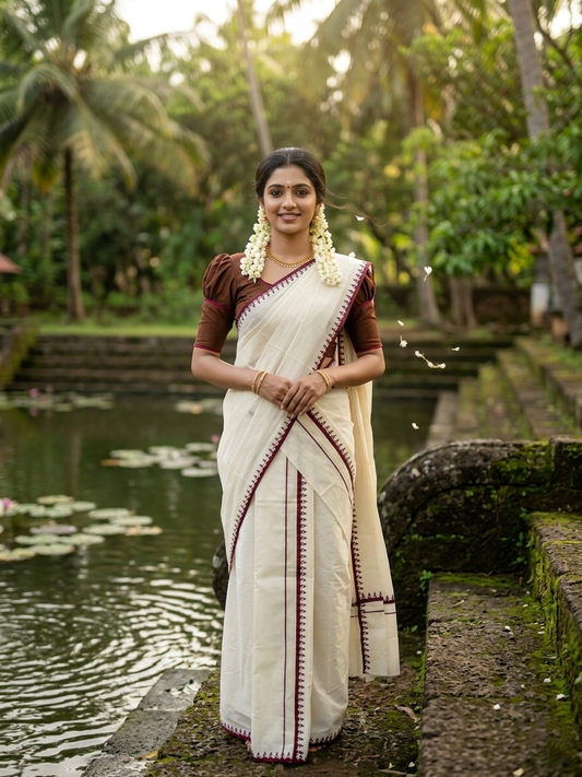 Kerala Cotton Set Mundu (Mundum Neriyathum) with Brown Block Prints on Body