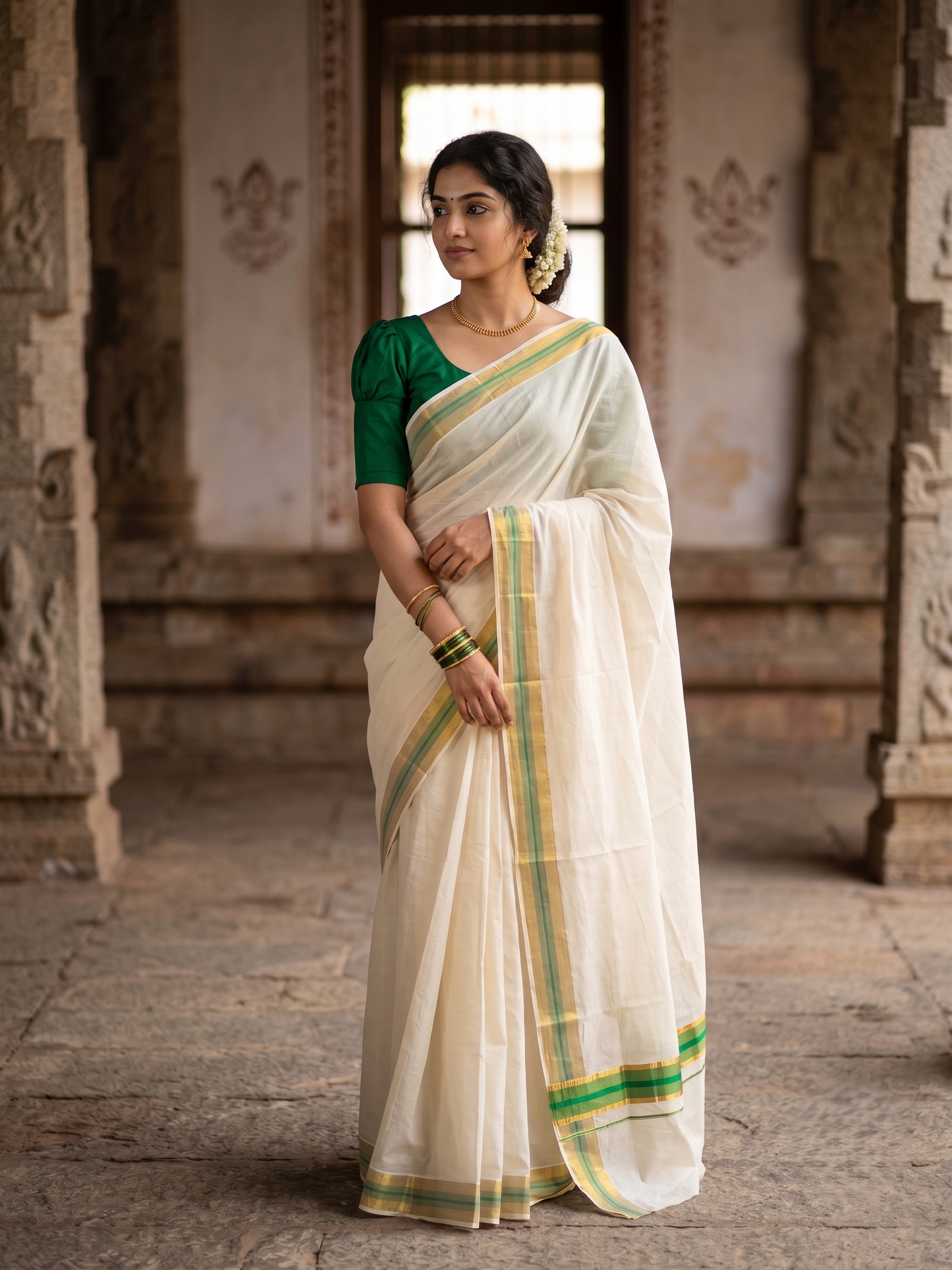 Southloom Pure Cotton Kerala Saree with Kasavu and Green Border