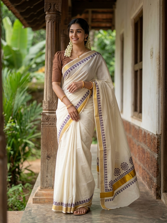 Southloom Cotton Kerala Kasavu Saree with Brown and Blue Block Prints On Border