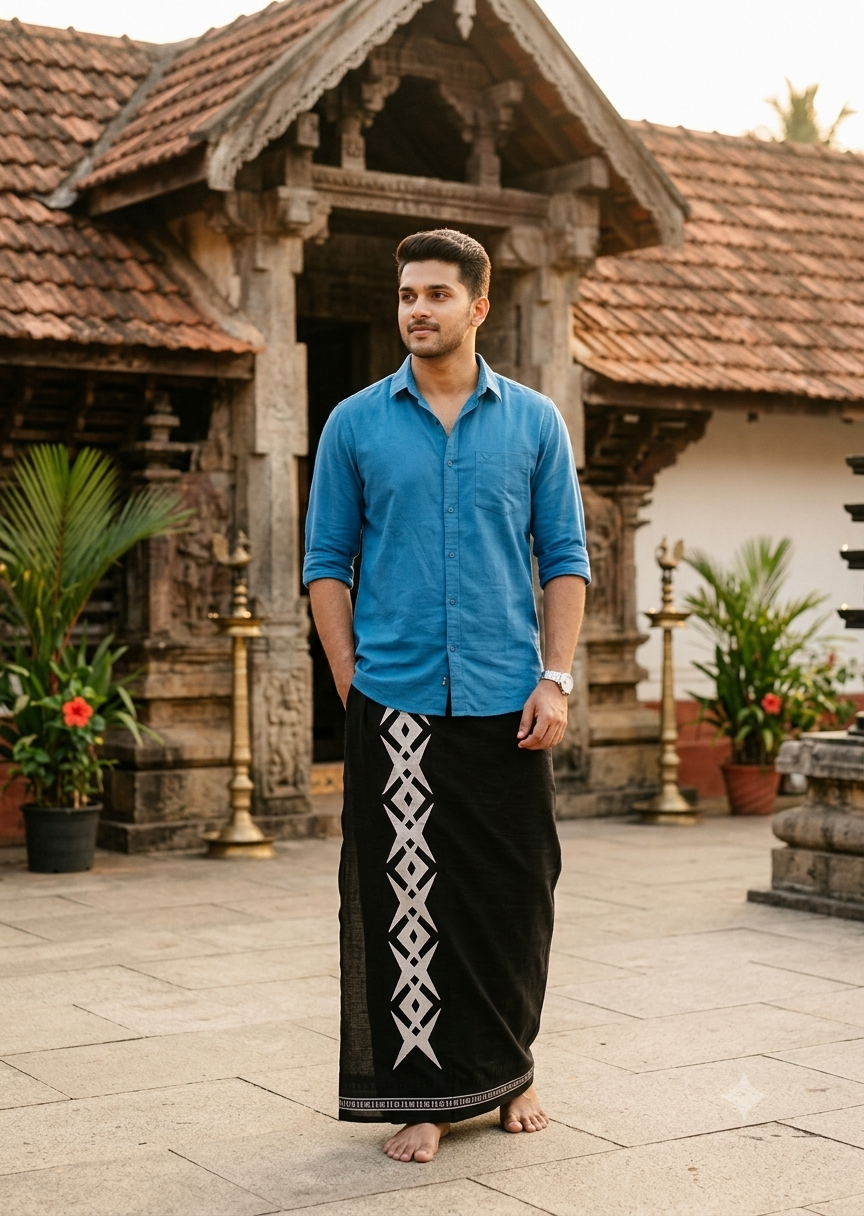 Southloom Black Printed Single Mundu / Otta Mundu / Lungi (South Indian Kerala Dhoti)
