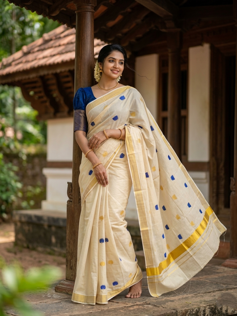 Southloom Kerala Tissue Kasavu Plain Saree with Blue Lotus Embroidery Works SL289