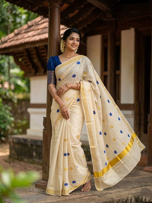 Southloom Kerala Tissue Kasavu Plain Saree with Blue Lotus Embroidery Works SL289