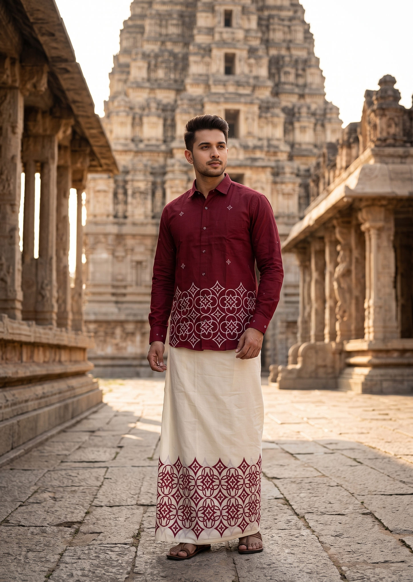 Southloom Cotton printed Maroon Men's Combo  (Shirt + Mundu) SL578
