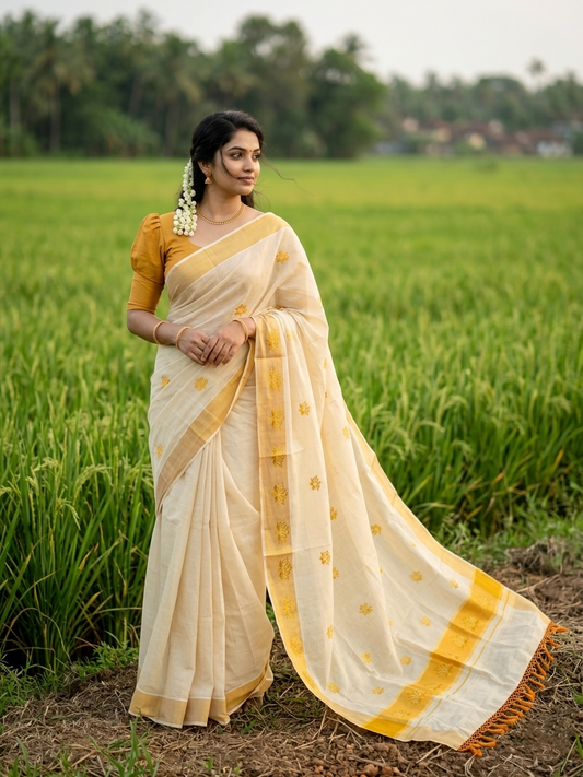 Southloom Kerala Tissue Kasavu Saree with Saffron And Golden Lotus Embroidary Designs on Body SL273