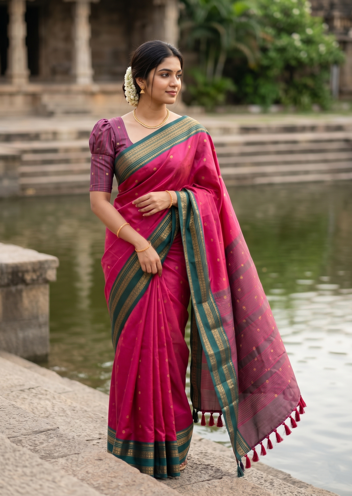 Southloom Semi Silk Narayan Pett Saree with Butta Works Across Body in Magenta
