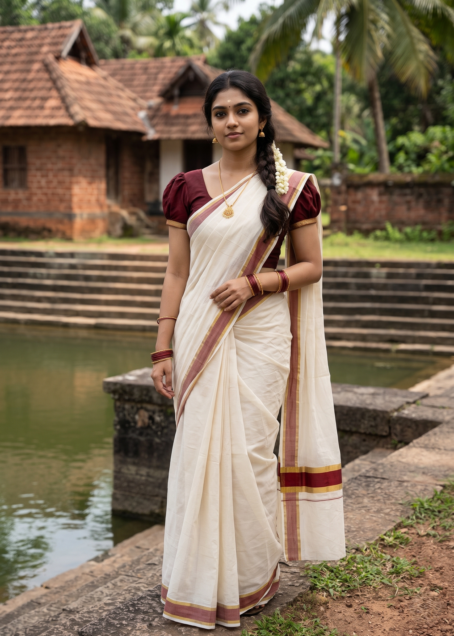 Southloom Kerala Cotton Saree with Gold and Maroon Borders SL460