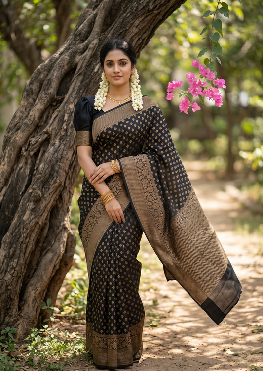 Southloom Munga Silk Saree with Woven Work on Body and Borders (Black)