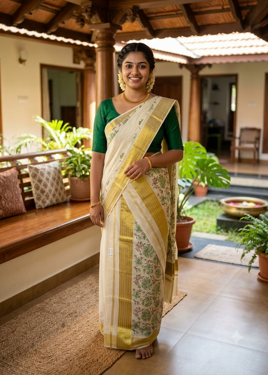 Southloom Kerala Check Pure Cotton Set Mundu with Gold Kasavu And Block Prints Across Body SL563