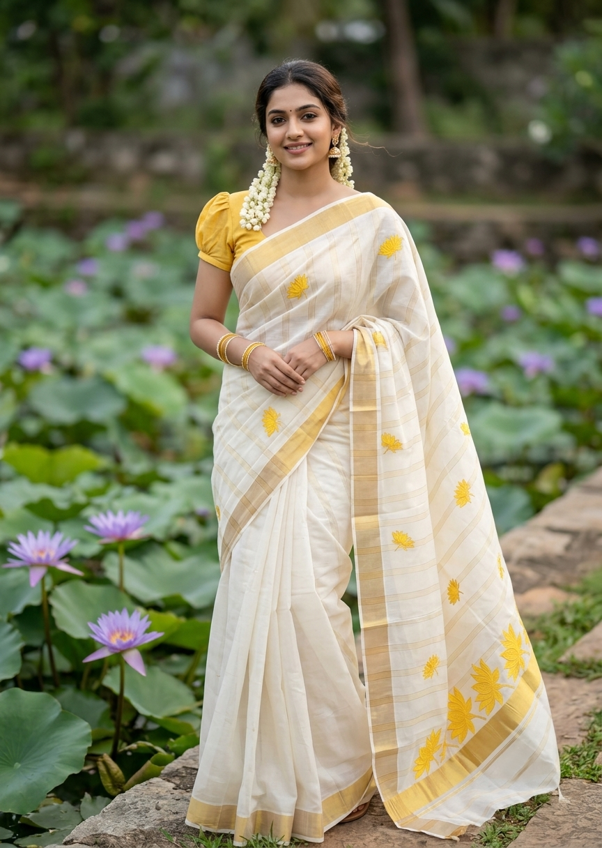 Southloom Kerala Cotton Kasavu Line Saree with Yellow Lotus Embroidery Works