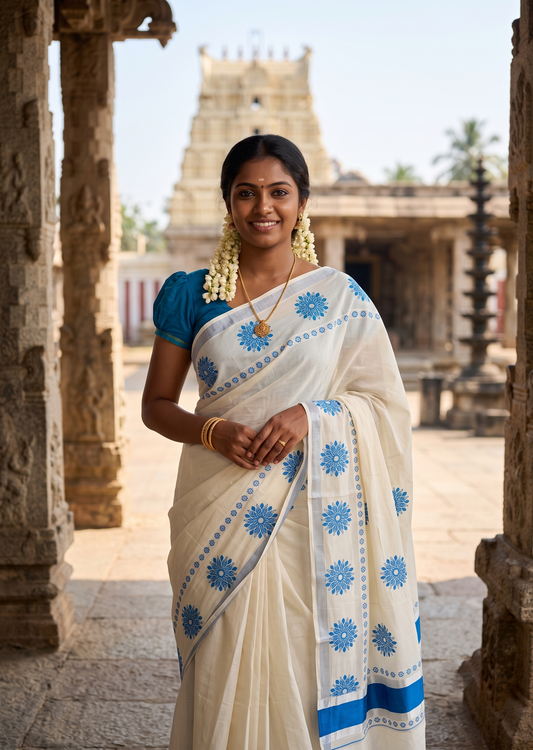 Southloom Cotton Kerala Kasavu Saree with Digital Print on Body in Blue SL533