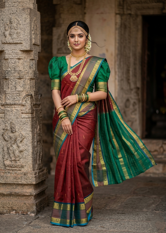 Southloom Pure Handloom Kanchipuram Silk Saree with Korvai Work (Maroon & Blue)