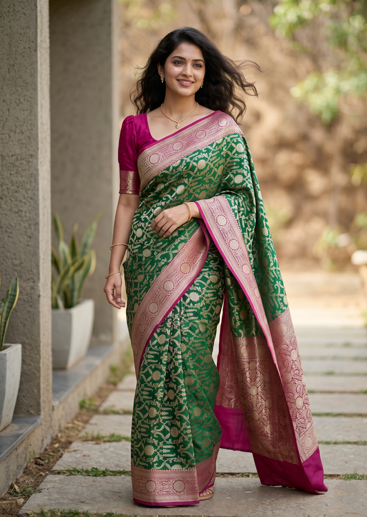 Southloom Pure Banarasi Silk Saree with Woven Work on Body and Borders (Green)