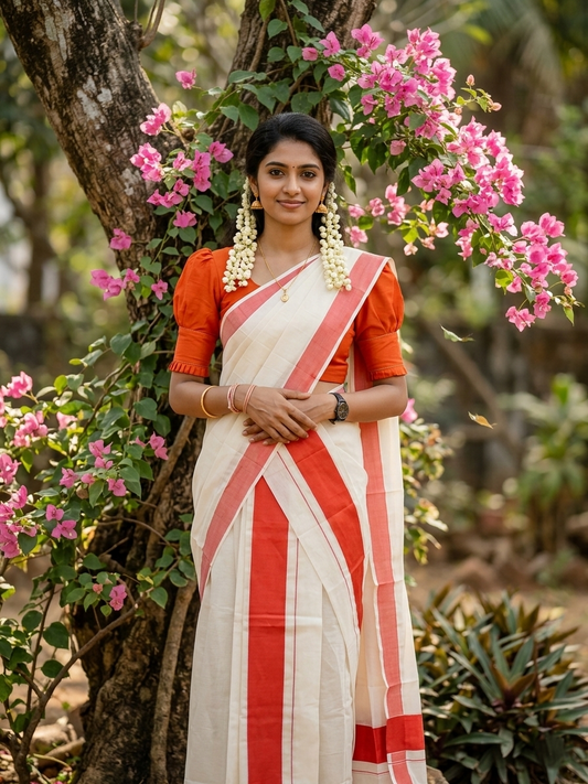 Kerala Cotton Mundum Neriyathum Single (Set Mundu) with Orange Border 2.80 Mtrs