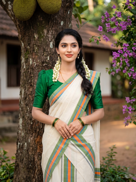 Southloom Kerala Mulloth Cotton Single Mundum Neriyathum with Multicolor Border In 2.80 Mtrs SL243