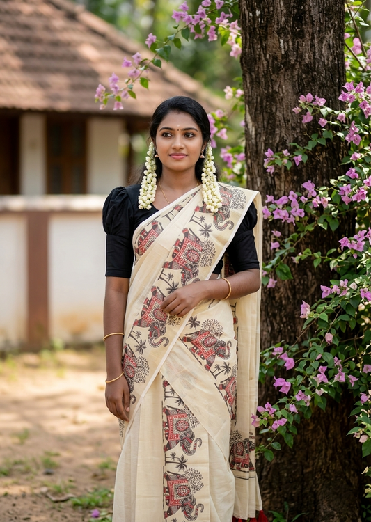 Southloom Tissue Single Set Mundu (Mundu Neriyathum) With Elephant Digital Print With Tussles in Red 2.80 Mtrs SL392