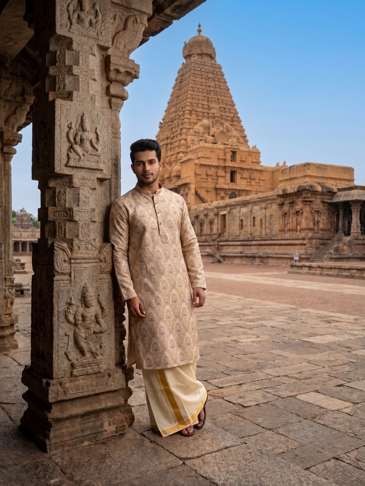 Southloom Beige Woven Semi Silk Short Kurta for Men SL590