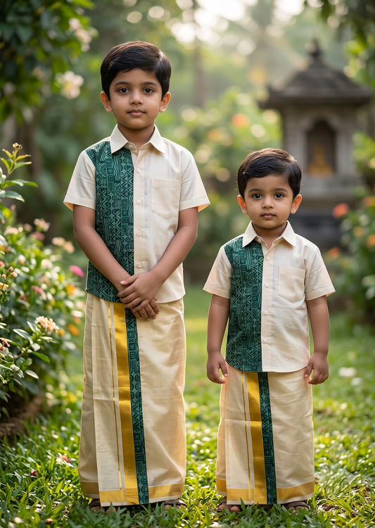 Southloom Tissue Ajrakh Printed Kids's Combo (Shirt + Velcro Mundu) SLKCOMBO SL611