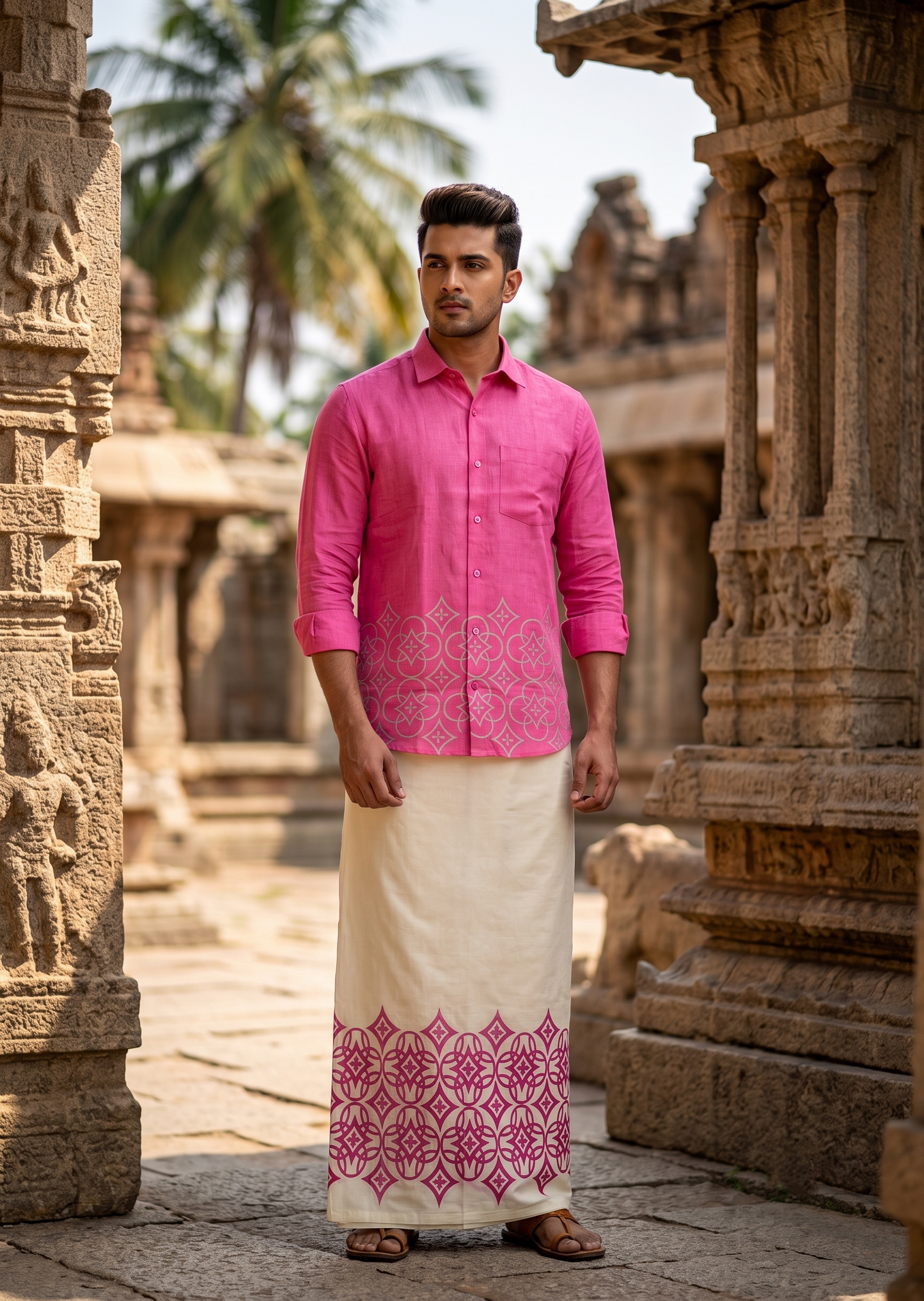 Southloom Cotton printed Pink Men's Combo  (Shirt + Mundu) SL578