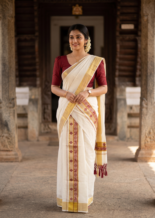 Southloom Kerala Cotton Kasavu Single Set Mundu (Mundum Neriyathum) with Peacock Design in Maroon SL527