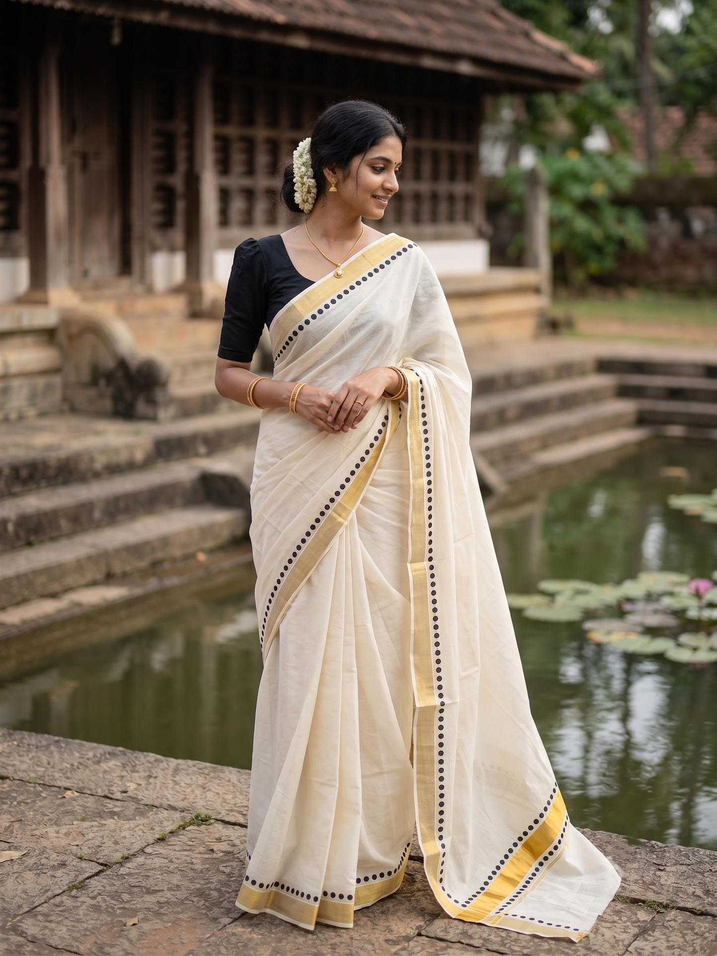 Southloom Cotton Kerala Kasavu Saree with Black Polk Dots Design Border