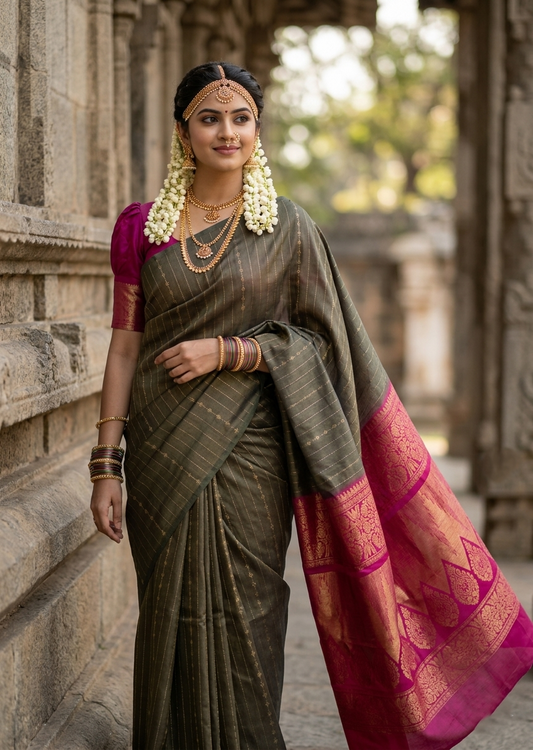 Southloom Premium Handloom Bridal Kanchipuram Silk Saree with Korvai Work (Grey & Magenta)