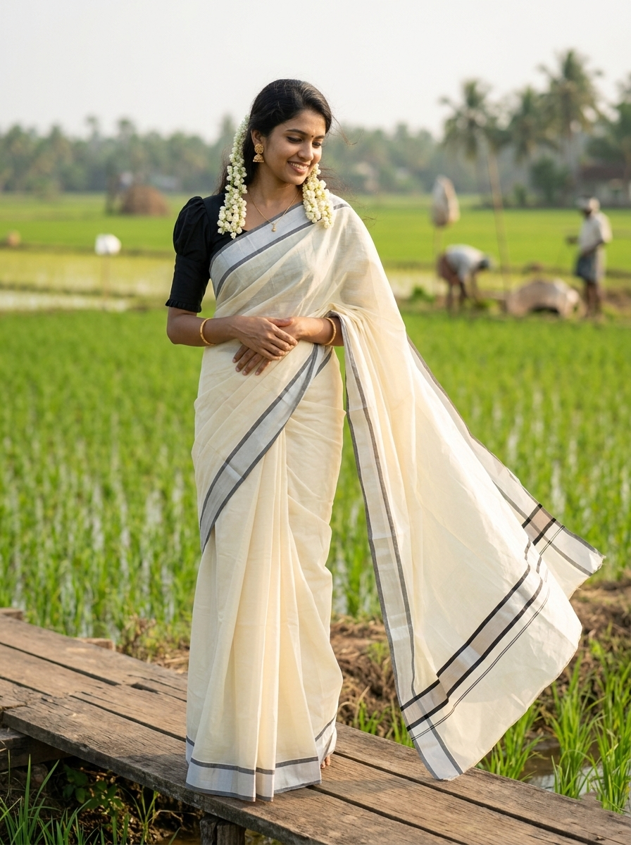 Kerala Pure Cotton Plain Saree with Silver Kasavu and Black Border