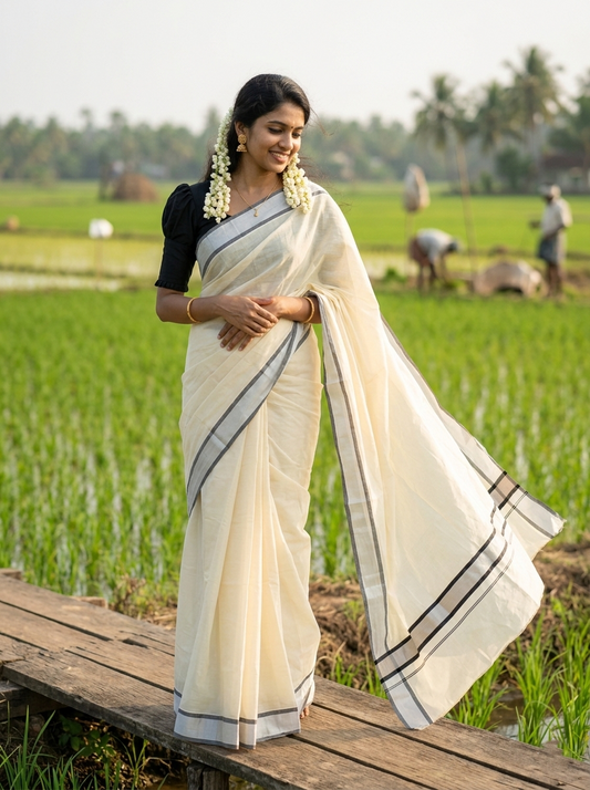 Kerala Pure Cotton Plain Saree with Silver Kasavu and Black Border