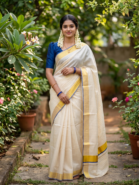Southloom Kerala Tissue Kasavu Saree with Stripes on Body In Blue Border