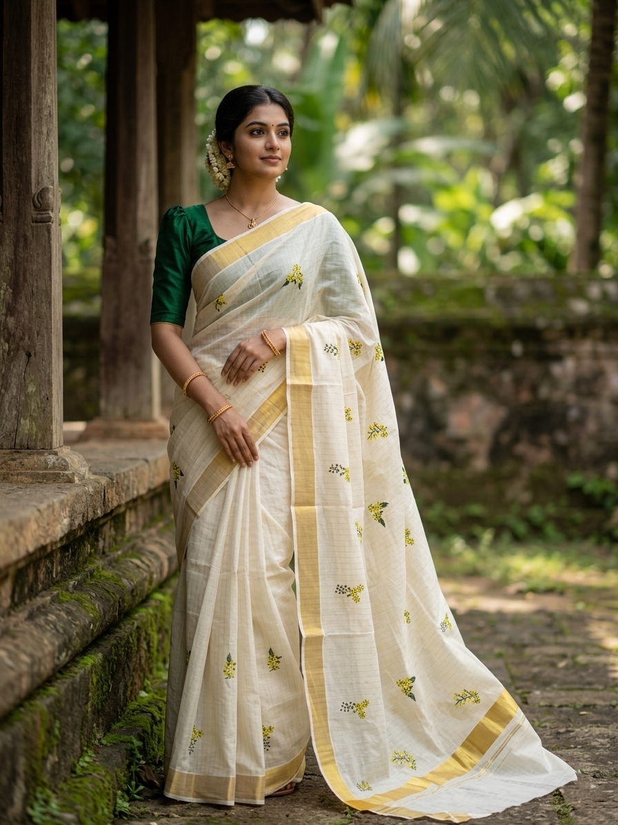 Kerala Cotton Kasavu Stripes Saree with Floral Embroidery Design on Body