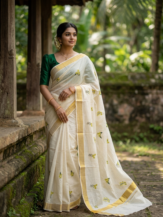 Kerala Cotton Kasavu Stripes Saree with Floral Embroidery Design on Body