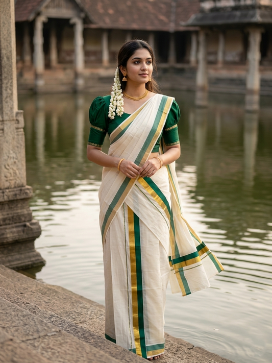 Kerala Cotton Set Mundu (Mundum Neriyathum) with Green and Kasavu Border 2.80 Mtrs