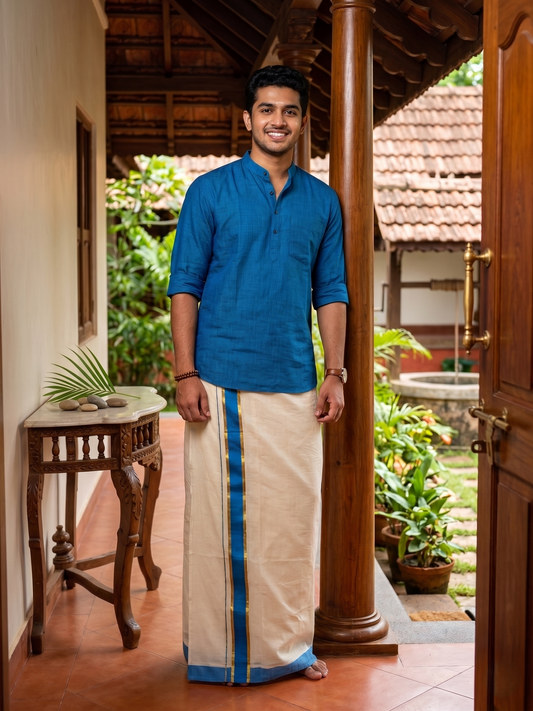 Southloom Pure Cotton Mundu with Gold Kasavu and Blue Colour Border (South Indian Kerala Dhoti)