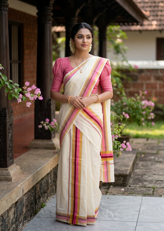 Southloom Pure Cotton Set Mundu with Gold Kasavu and Pink & Maroon Border in 2.80 Mtrs