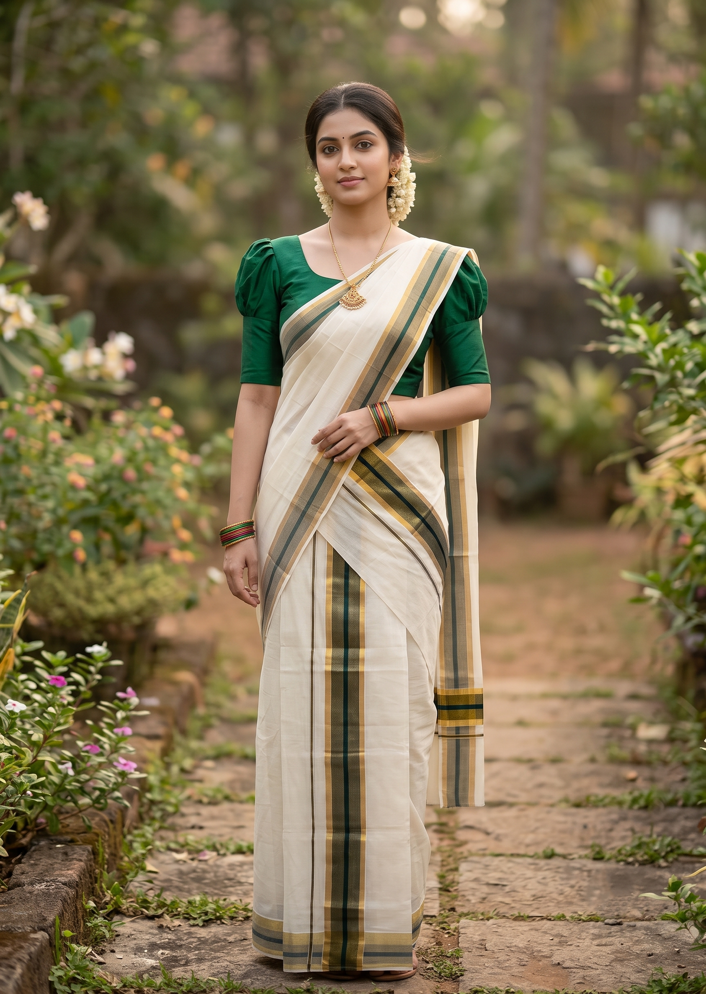 Southloom Pure Cotton Kerala Set Mundu (Mundum Neriyathum) Single with Dark Green and Kasavu Border 2.80 Mtrs SLKK