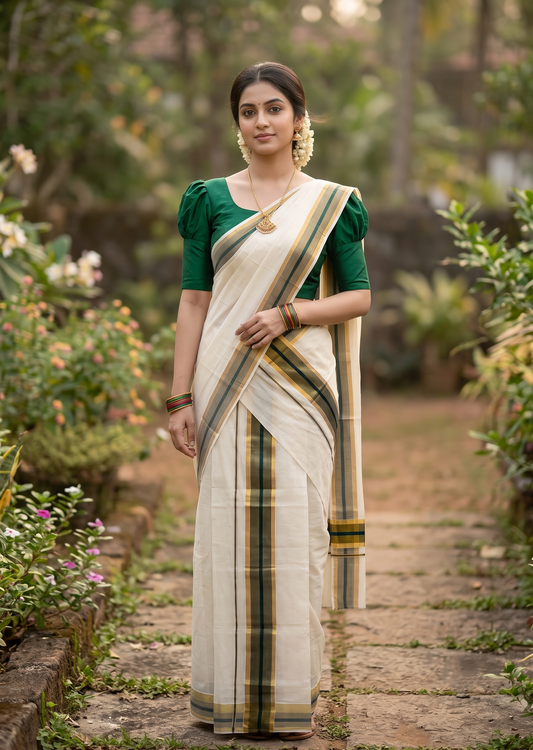 Southloom Pure Cotton Kerala Set Mundu (Mundum Neriyathum) Single with Dark Green and Kasavu Border 2.80 Mtrs SLKK