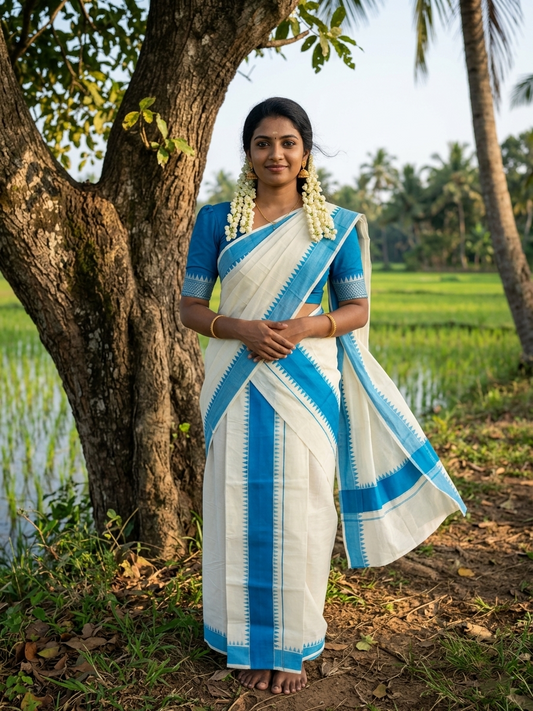 Kerala Pure Cotton Set Mundu Single (Mundum Neriyathum) with Blue Temple Border 2.80 Mtrs