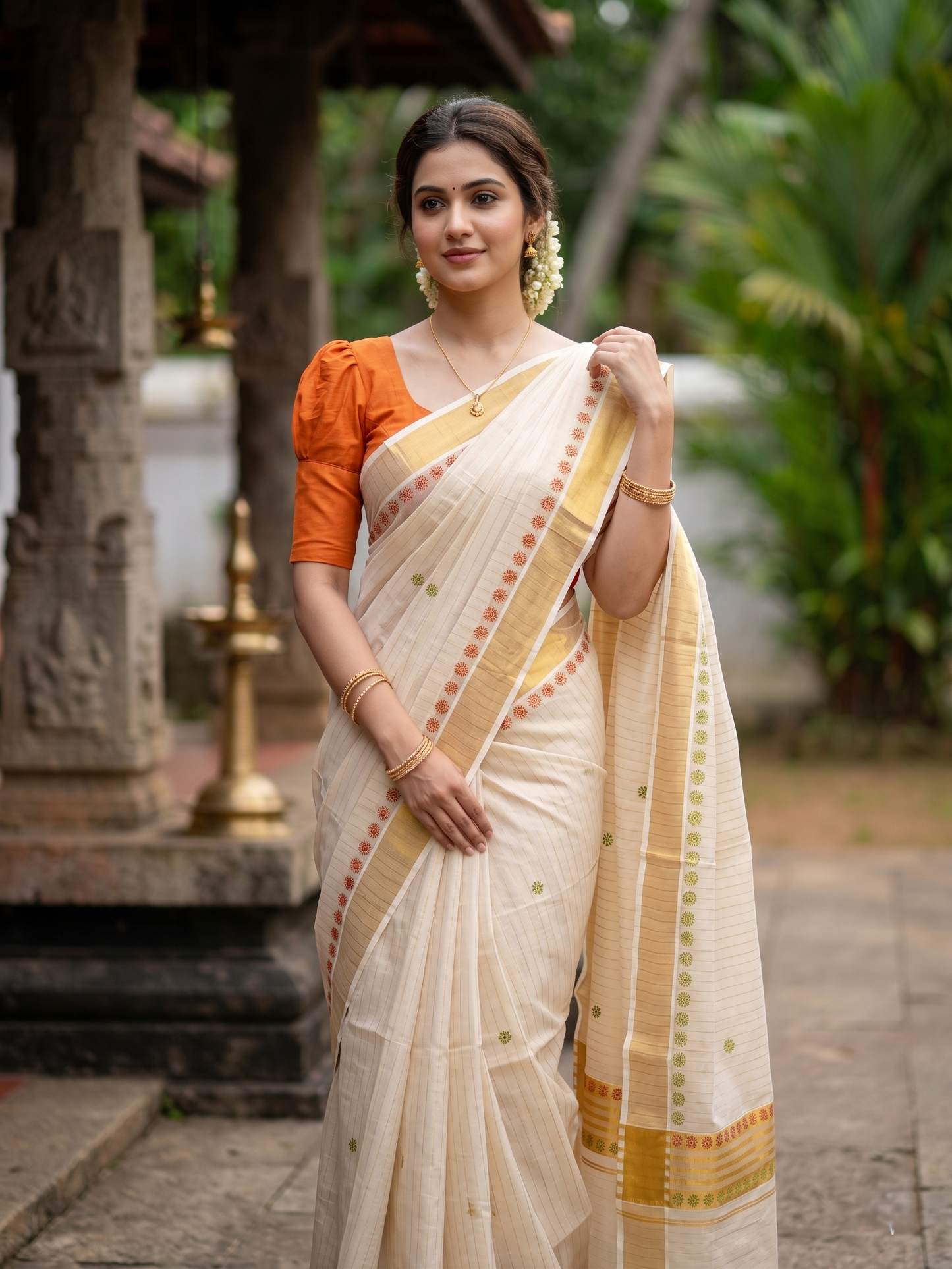 Southloom Tissue Kerala Kasavu Saree with Floral Digital Print on Body and Border in Olive Green & Red SL496